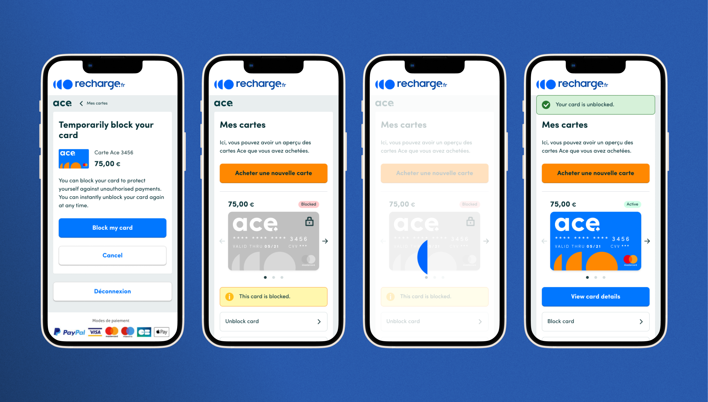 Mobile phones depicting user interface designs for blocking and unblocking an Ace card.