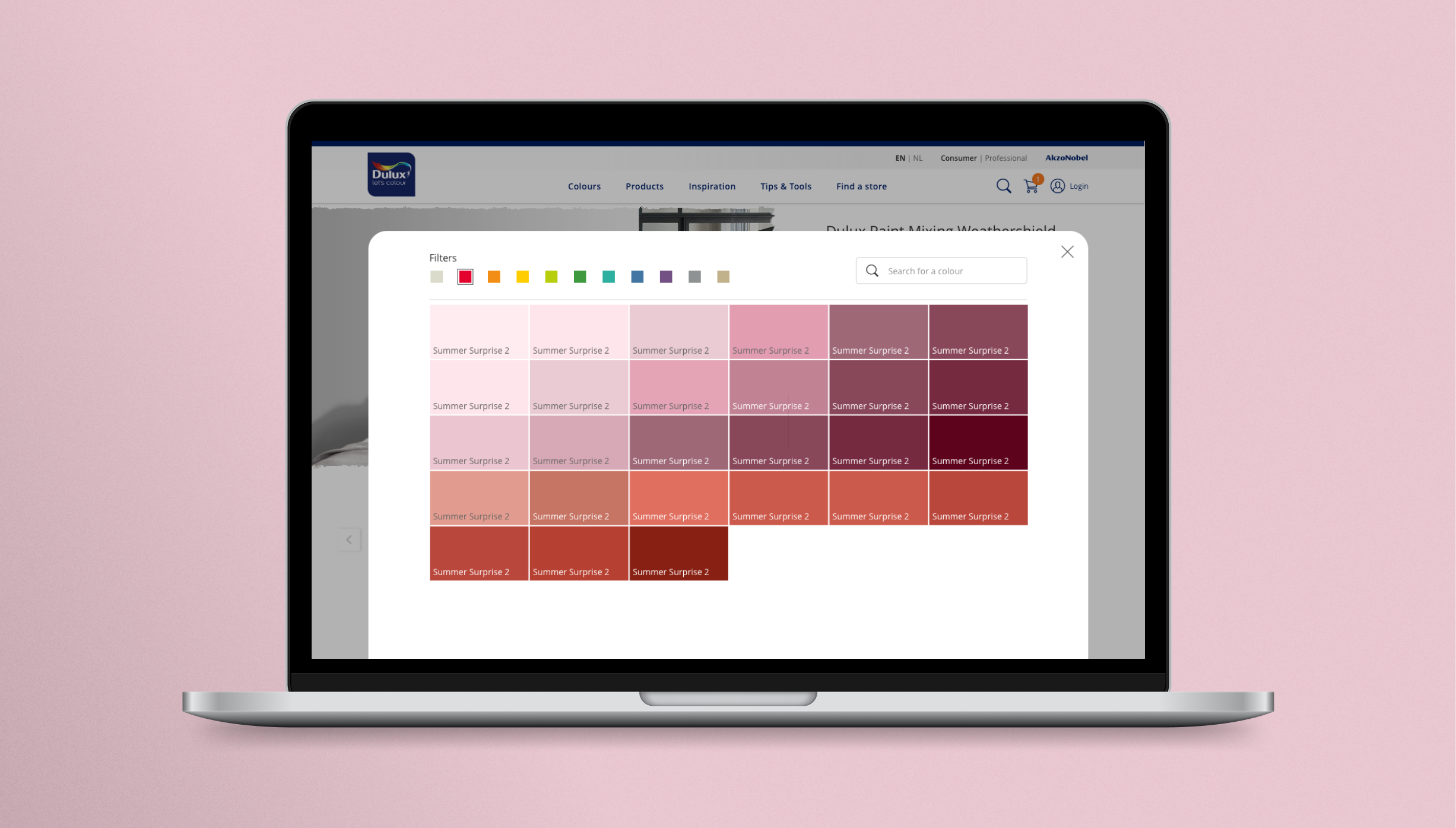 A laptop depicting a user interface design for selecting a colour for a paint product from Dulux.