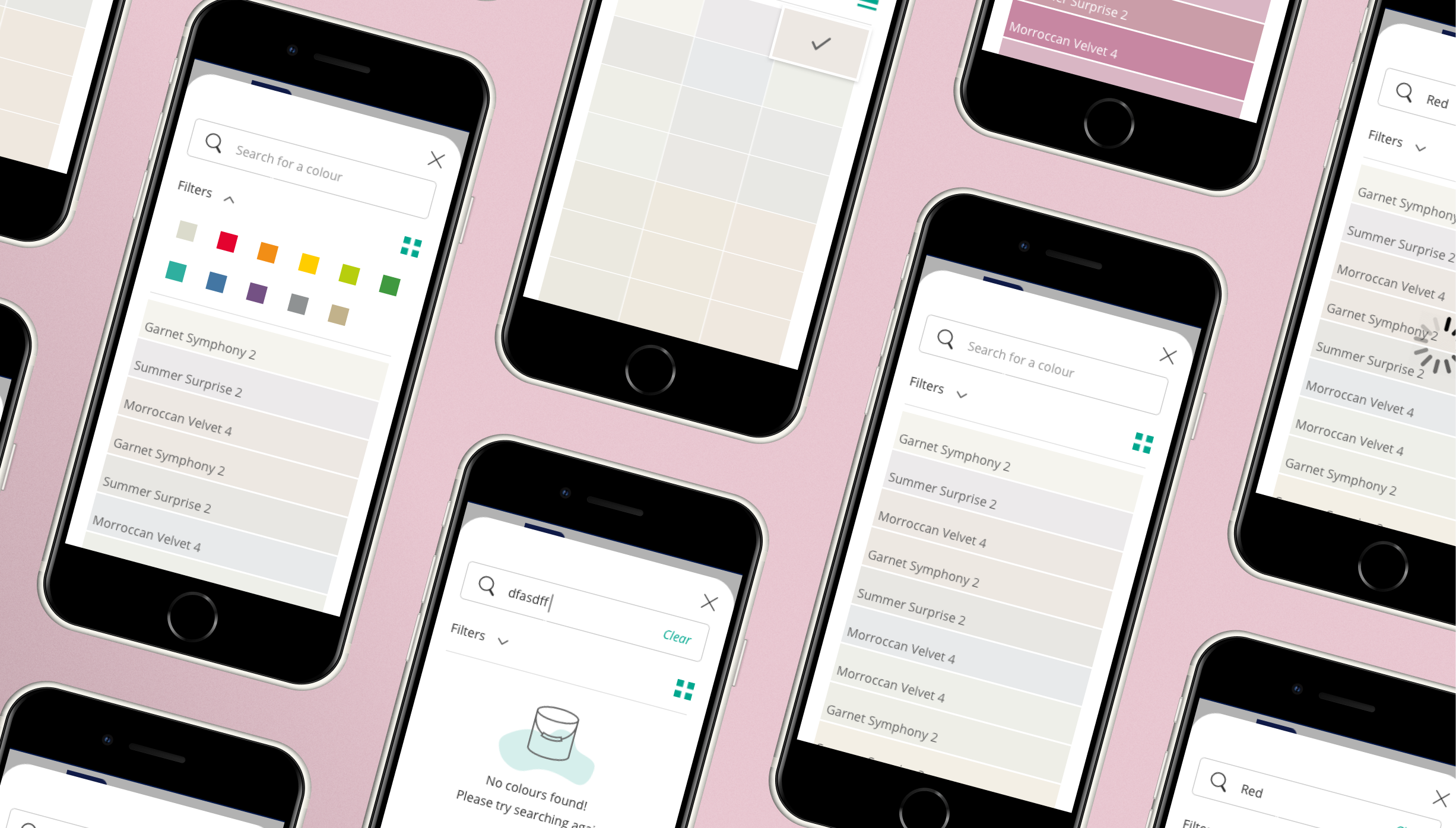 Mobile phones depicting various user interface designs for the colour to product flow on the Dulux website.