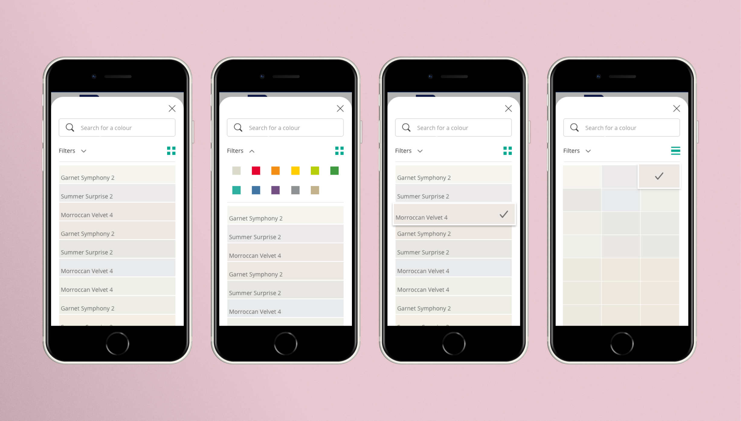 Mobile phones depicting user interface designs for applying filters on the colour selection screen for a Dulux paint product.