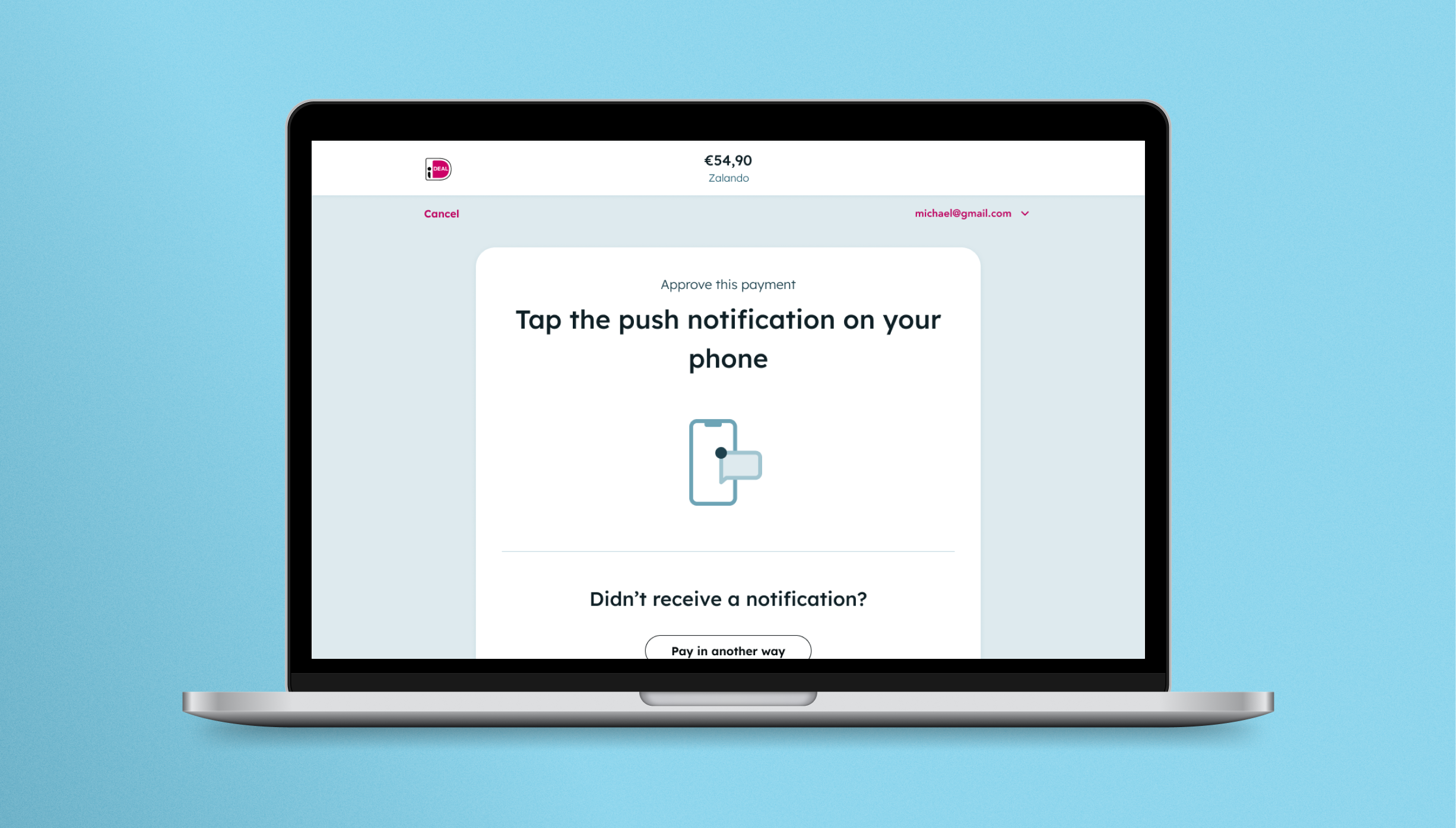 A laptop depicting a user interface design for when a user receives a push notification that they need to approve on their mobile phone, in order to confirm payment.