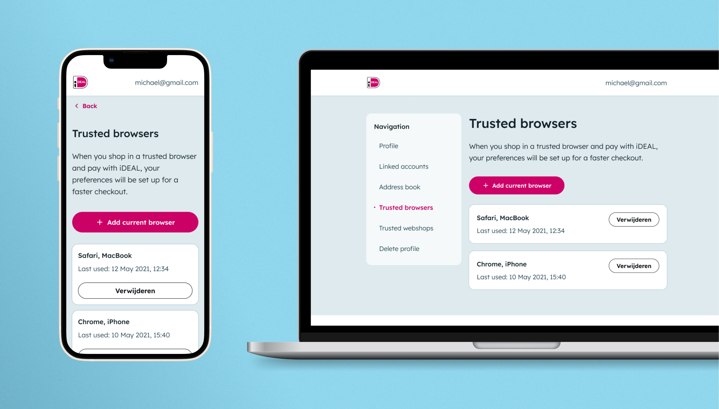 A mobile phone and a laptop depicting the responsiveness of the user interface designs for iDEAL. The page shown is where a user can manage their trusted browsers for their profile.