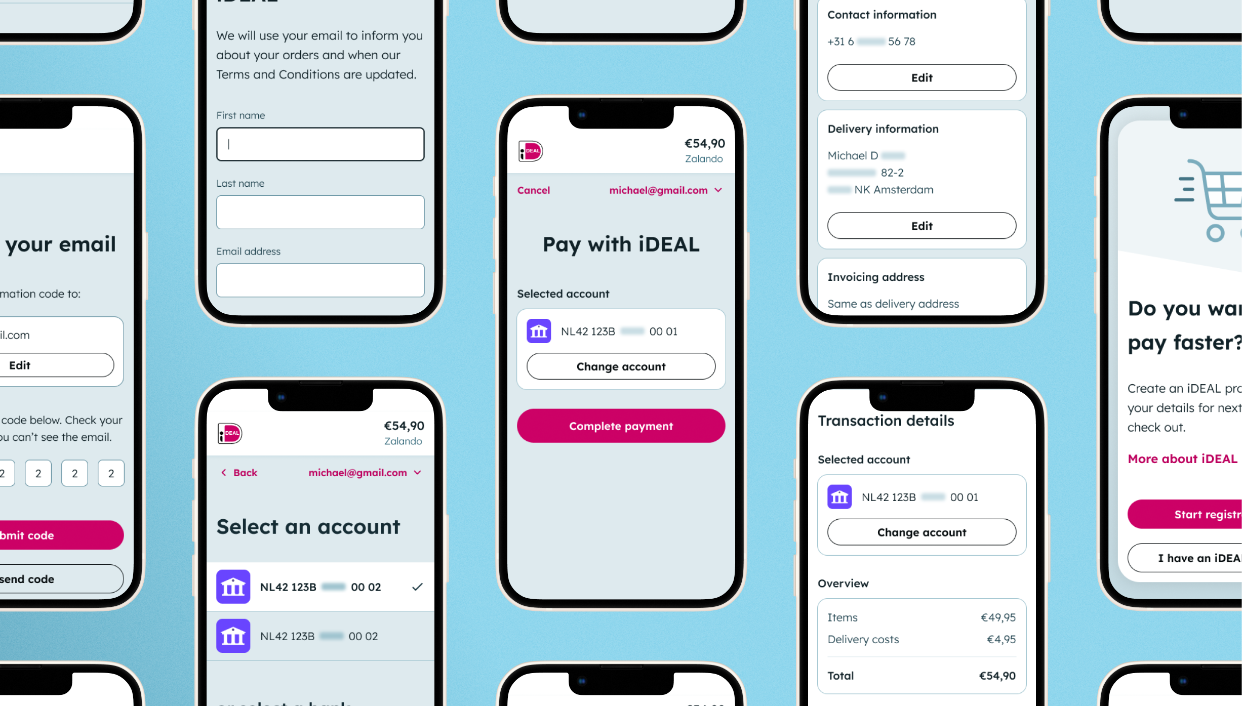 Mobile phones depicting various user interface designs for the updated iDEAL flow.