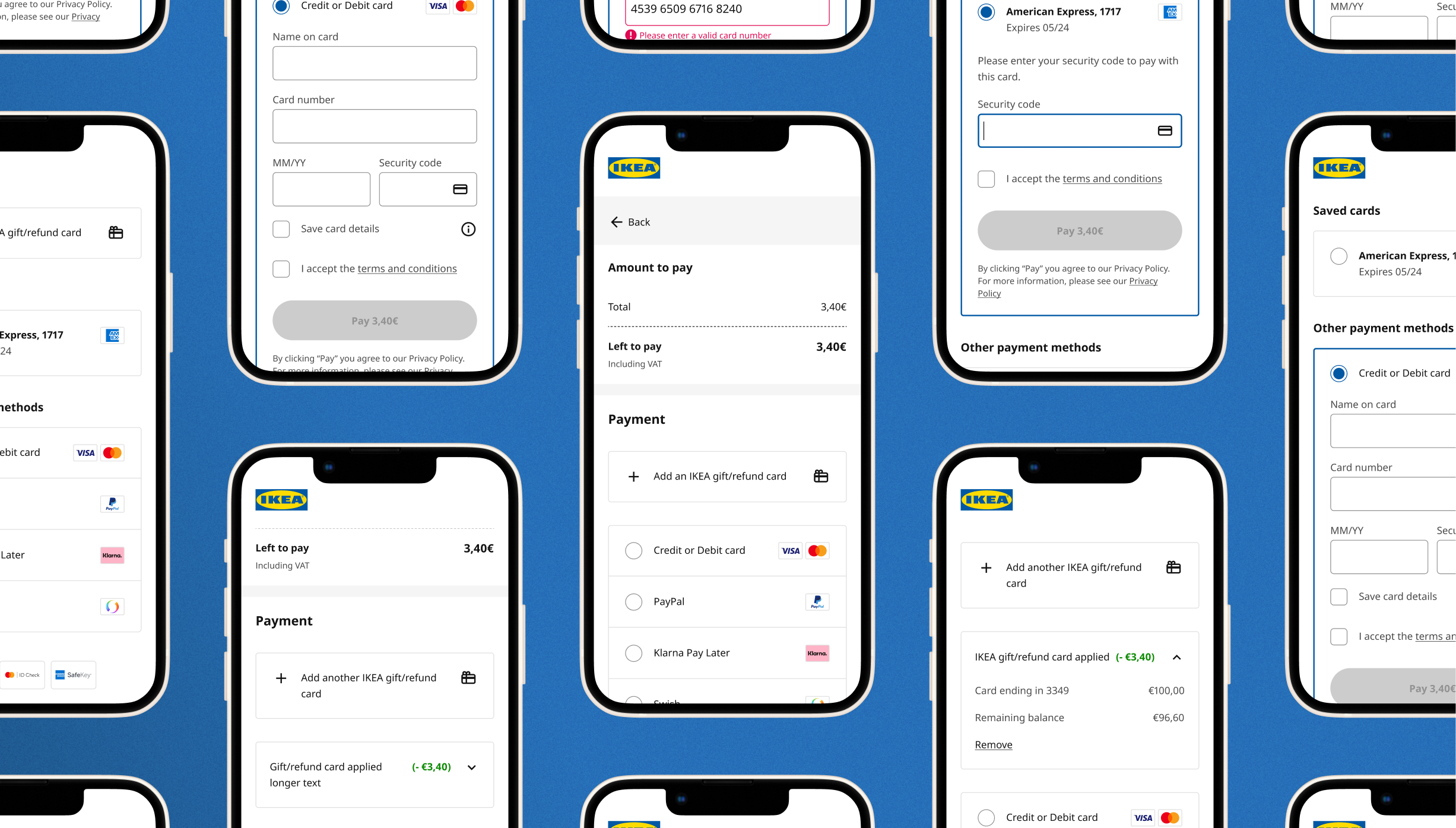 Mobile phones depicting various user interface designs for the IKEA online checkout.