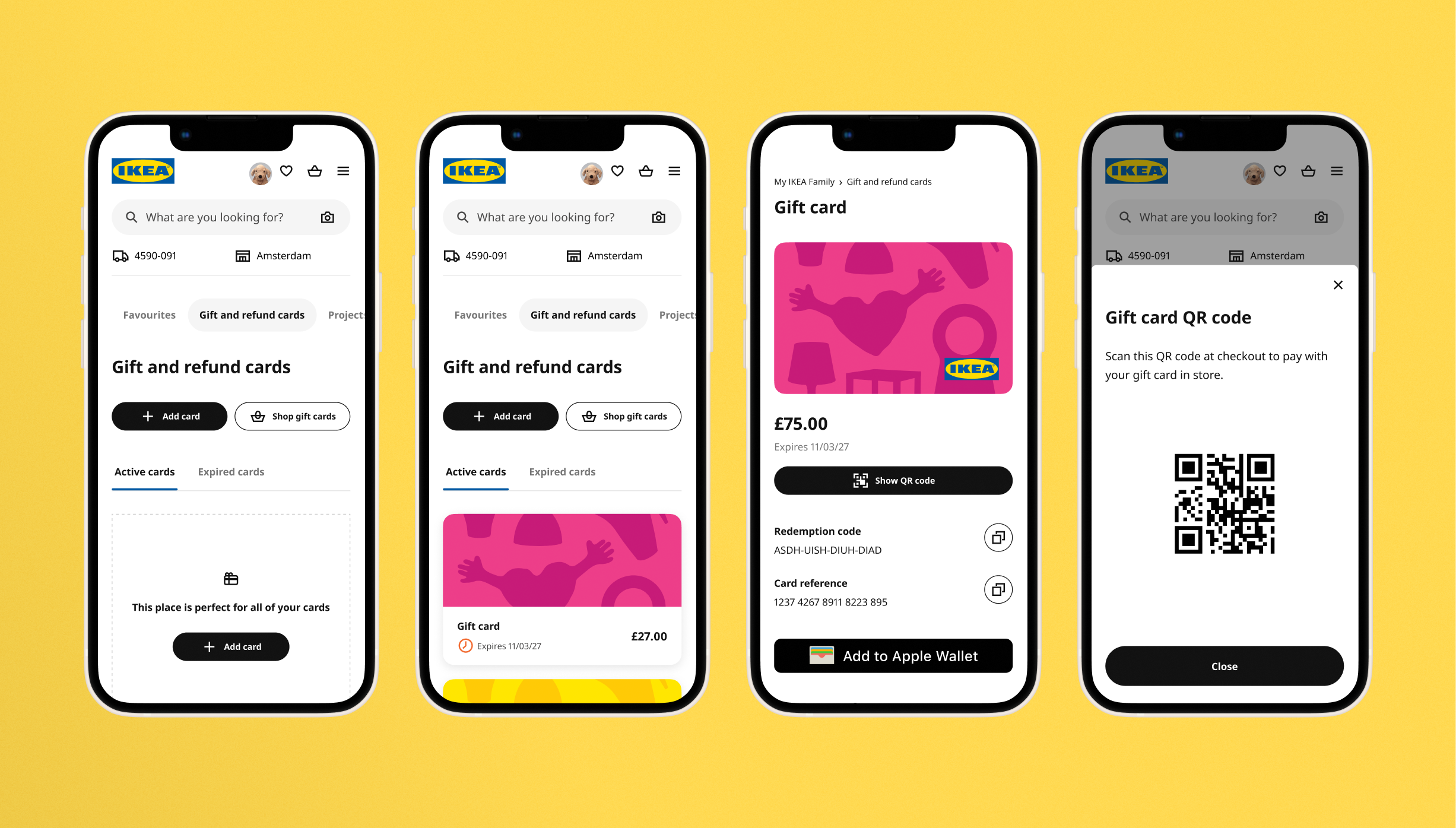 Mobile phones depicting some of the user interface designs for where a user can manage the gift cards they have added to their IKEA account.
