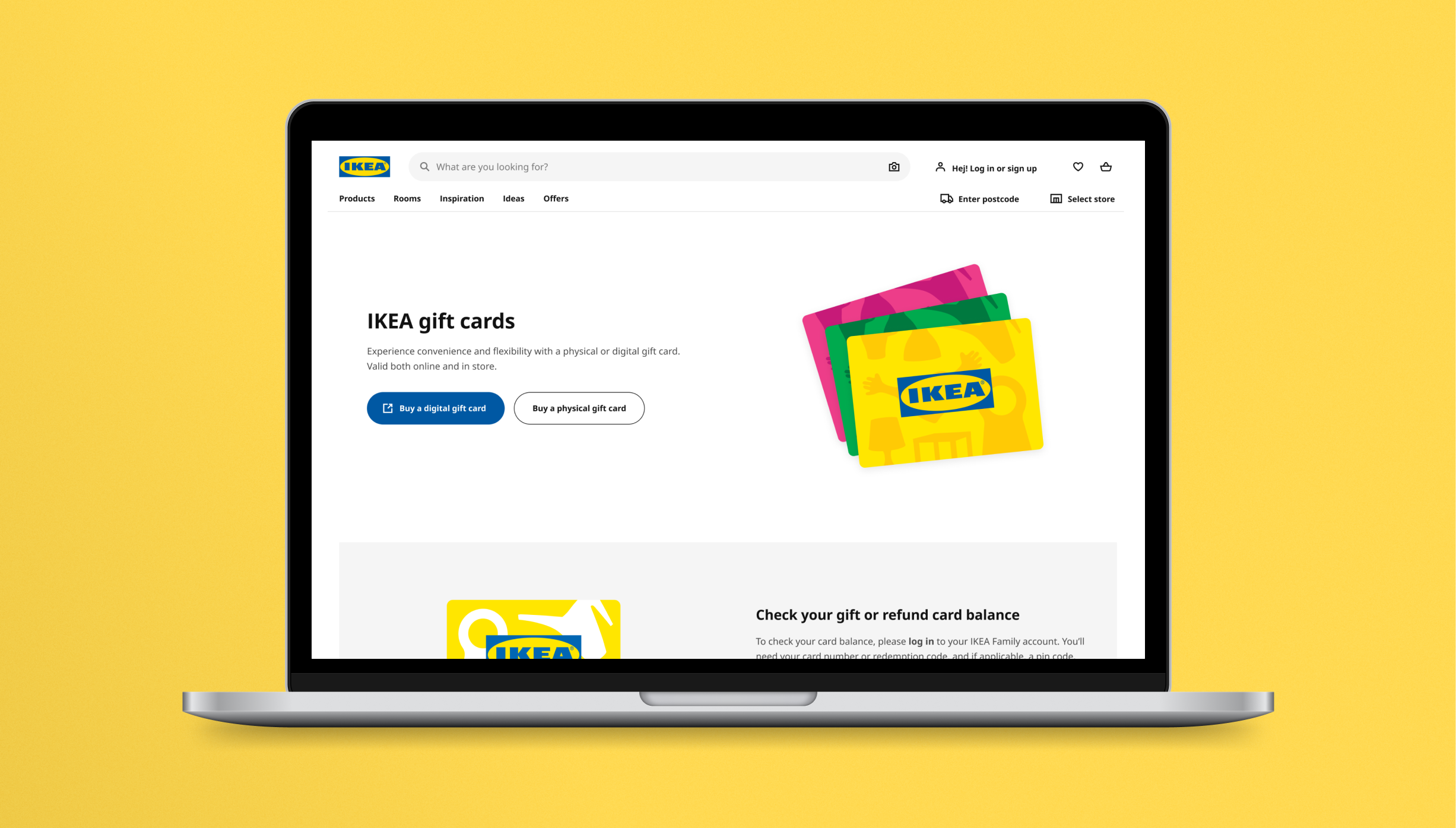 A laptop depicting a user interface design for the gift card homepage on the IKEA website.
