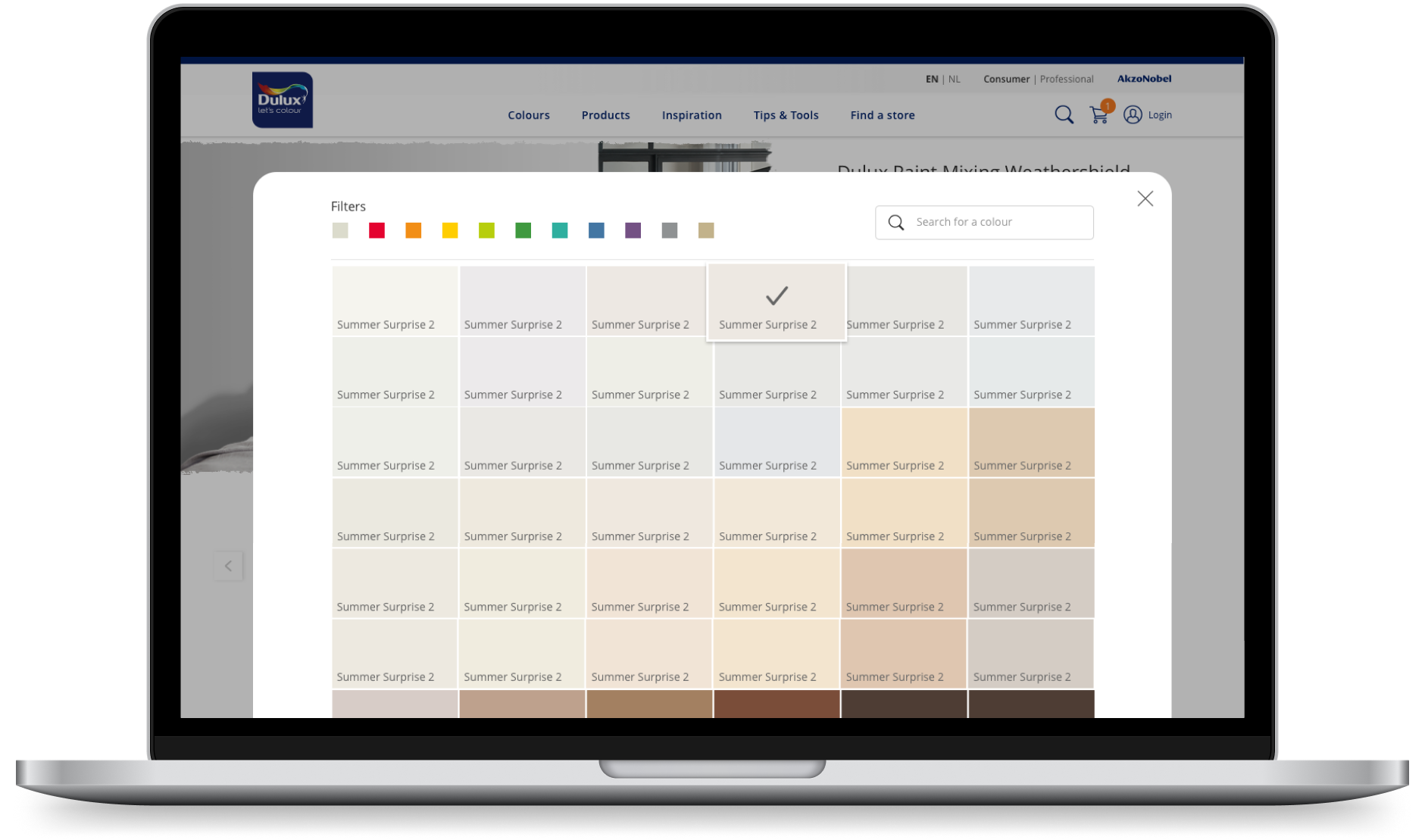 A laptop depicting the user interface design for the 'product to colour flow' on the Dulux website.