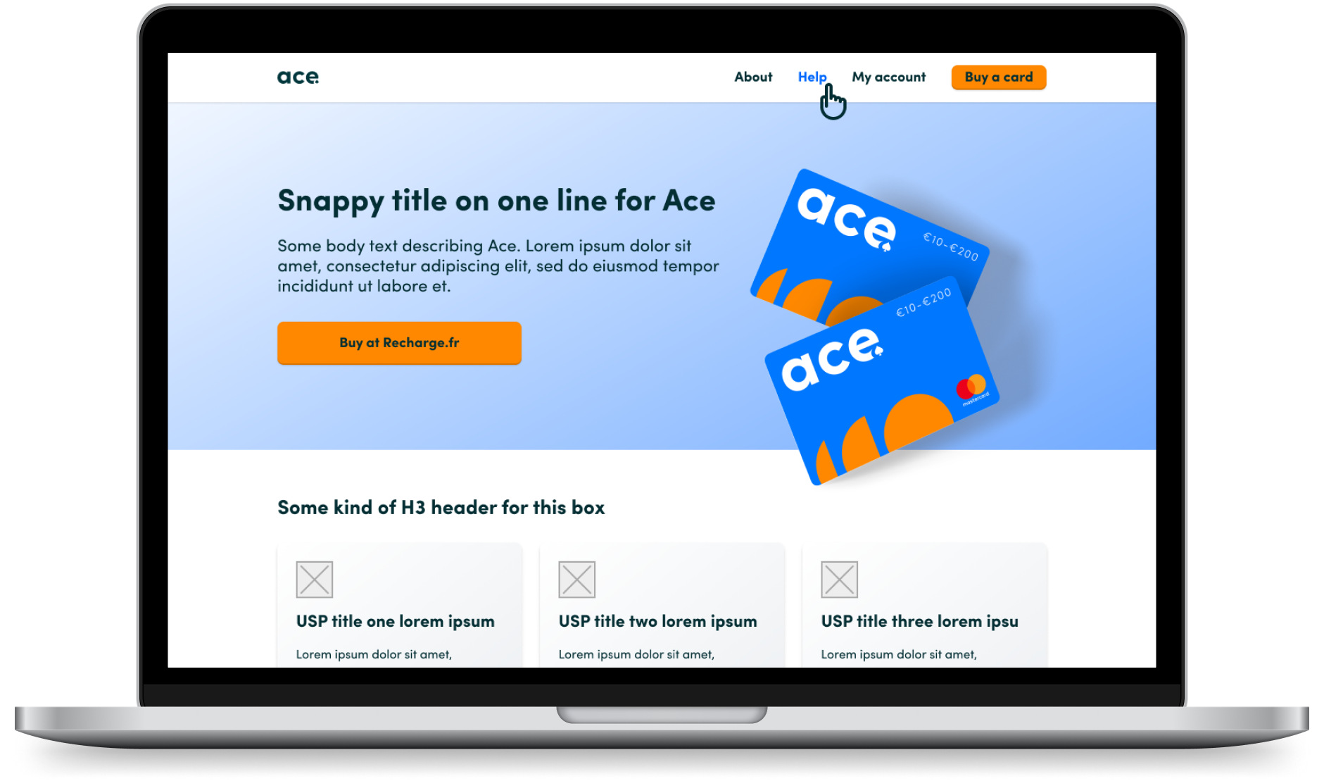 A laptop depicting the user interface design for the homepage of the Ace card website.