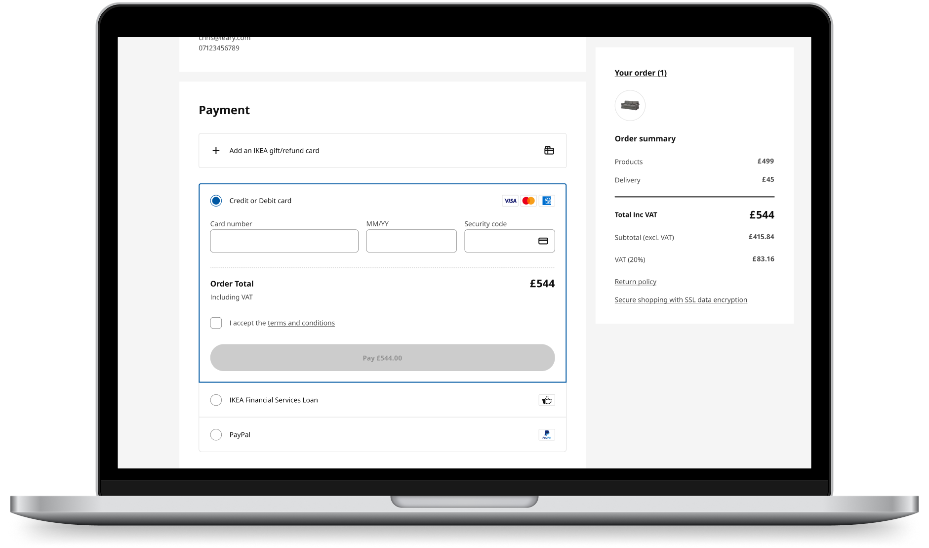 A laptop depicting the design for a user interface for checkout on the IKEA website.