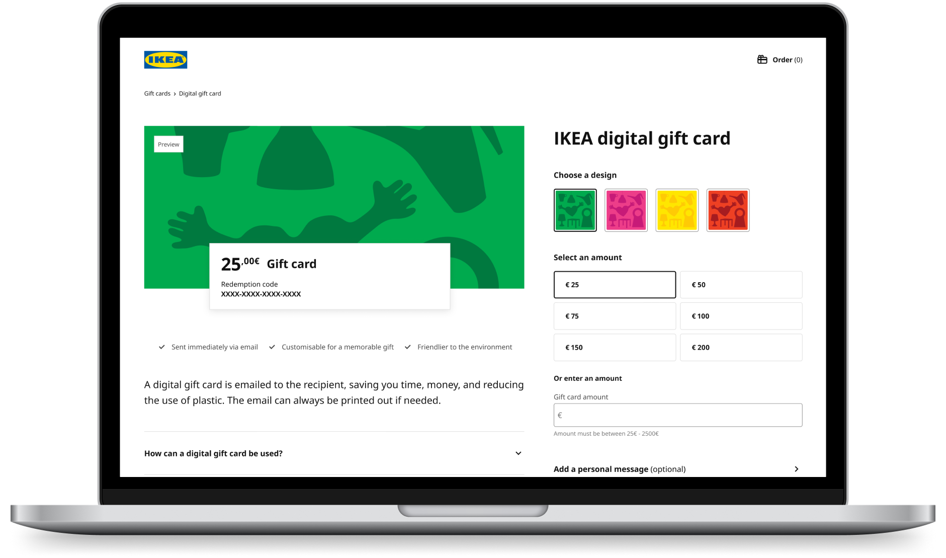 A laptop depicting the design for a user interface for buying an IKEA digital gift card.